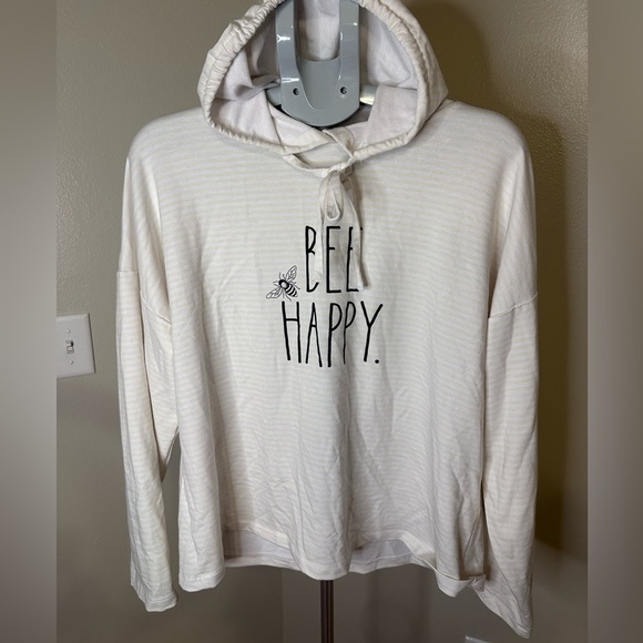 Rae Dunn Cream Striped Bee Happy Hoodie - Picture 1 of 4